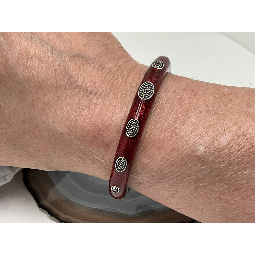 Hallmarked 949 FI Cuff Bangle Sterling Silver Set With Red Enamel And Marcasite